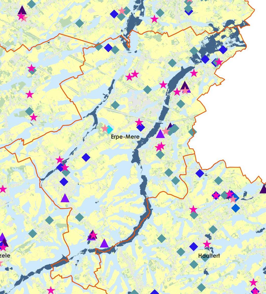 Kaart 38: Overstromingsgevoelige gebieden 2017 in combinatie met kwetsbare groepen Erpe-Mere - Bron: Geopunt Erpe-Mere In effectief overstromingsgevoelig gebied zijn gelegen (hoog risico):