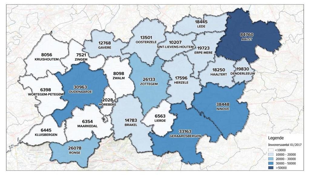 Kaart 2: Aantal inwoners per stad of gemeente Bron: FOD Binnenlandse Zaken Het dichtst bevolkt zijn uiteraard de steden, en de oostelijk gelegen gemeenten.