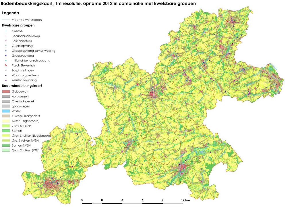 Kaart 44: Bodembedekkingskaart (BBK), 1m resolutie, opname 2012 in combinatie met kwetsbare groepen - Bron: Geopunt Op de werkvloer wordt de hitte ook