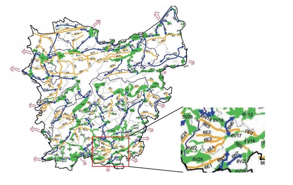 zowel uit een robuuste blauwgroene dooradering van grote ecologische corridors (brede zones met hoofdfunctie natuur waar mogelijk) en stapsteen-corridors (stapstenen of kleine gebiedjes langs een