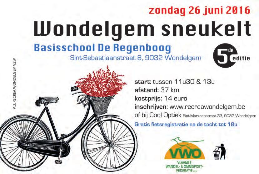 zondag 2 juli 2017 Wondelgem sneukelt Start: Polyvalente Zaal De Zulle Botestraat 98, 9032 Wondelgem 6 de editie start: tussen 12u30 & 14u afstand: 38 km kostprijs : 18 Inschrijven voor 27 juni 2017: