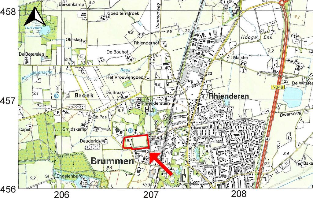 Figuur 1: Brummen, De Hazenberg: de begrenzing van het plangebied is met een rode lijn aangegeven.