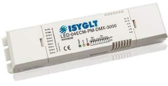Afmetingen: 140x35x27mm (LxBxH) LED-03ECM-PM-DMX-3000 LED-Driver 80028055 Drie kanalen LED-driver voor het dimmen van Constant Voltage LED. Spanning: 12V tot maximaal 24V (door externe netvoeding).