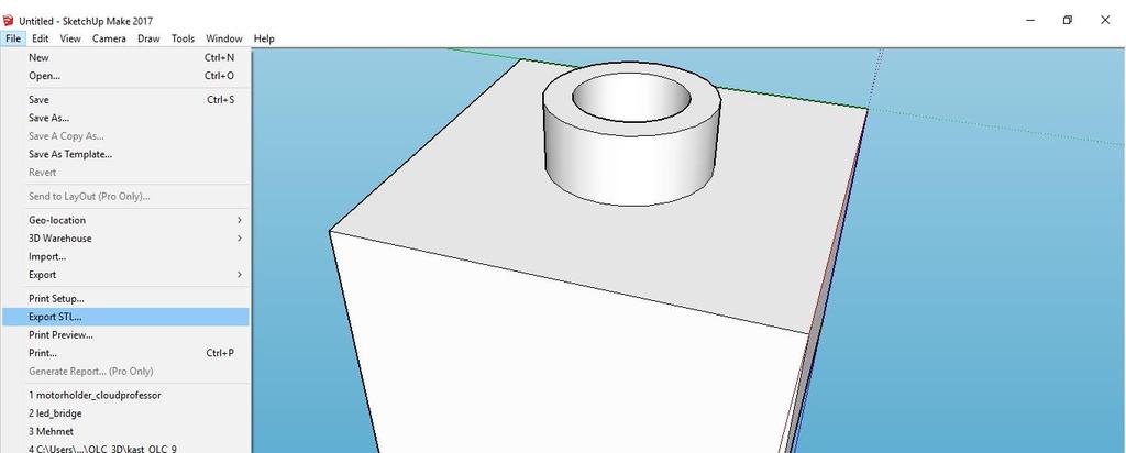 Deze cirkel geven we met push pull terug een hoogte, deze keer 10mm. Onze tekening is nu klaar en kunnen we als sketchup bestand opslaan maar daar zijn we niets mee bij het 3D printen.