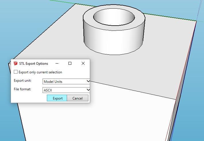 Daarom kiezen we na het opslaan als skecthup bestand ook nog voor het exprteren als.stl. Dit standaardformaat wordt het vaaks gebruikt bij 3D printen.