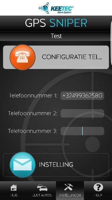 Houd Configuratie telefoon ingedrukt. Een sms met bericht 4321 CONFIG TEL wordt automatisch verzonden. Voer de telefoonnummers (die alarmmeldingen moeten ontvangen) in de app in (zie afb. 5).