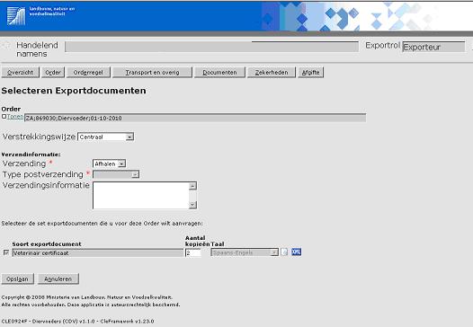 Selecteren Exportdocumenten en bekijken voorbeeldcertificaat Ga via de knop naar het scherm Selecteren Exportdocumenten In dit scherm kan aangegeven worden hoe en waar de documenten ontvangen kunnen