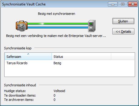 Archivering van Enterprise Vault beheren Uw Vault Cache synchroniseren 37 Uw Vault Cache synchroniseren Op het tabblad Enterprise Vault in de groep Vault Cache klikt u op Synchroniseren.