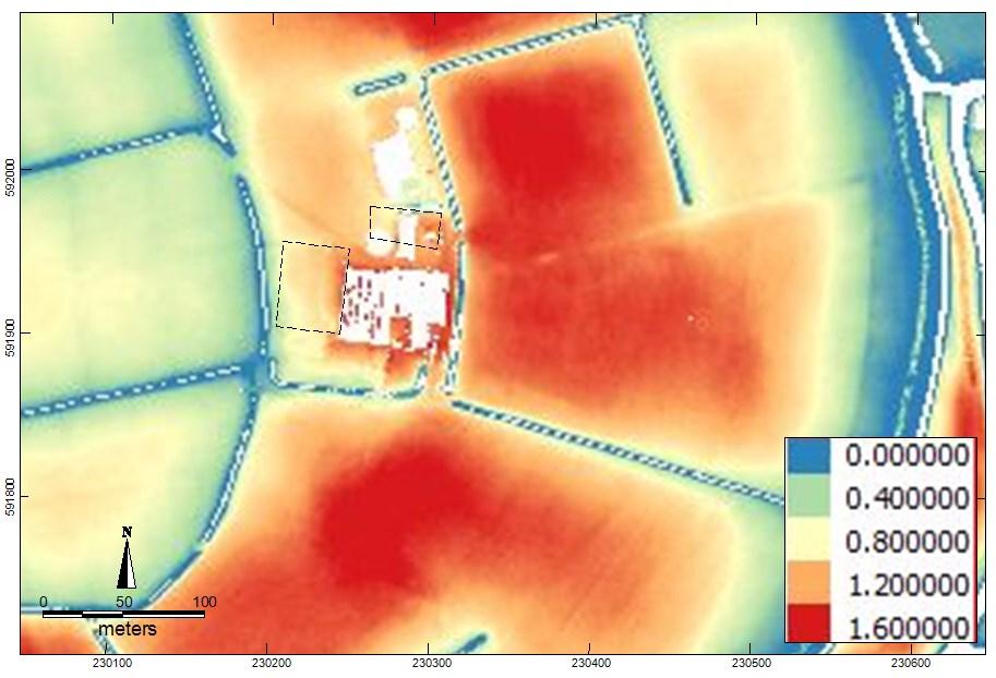 Afbeelding 4b. Detail rond het plangebied van de hoogtekaart op basis van het Actueel Hoogtebestand Nederland (AHN).