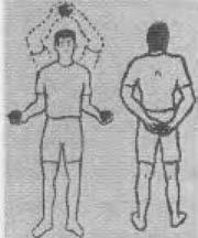 Ga staan in een lichte spreidstand; de armen hangen naast het lichaam naar beneden, de duimen van beide handen wijzen naar de benen (endorotatie): breng de armen zijwaarts omhoog tot horizontaal, de