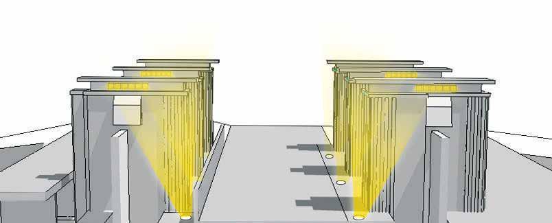 Spuisluizen 6.3.4 Uitwerkingen Werkverlichting De functionele lantarenpalen die als werkverlichting op het complex dienen, worden van de daken van de monumentale heftorens gehaald.