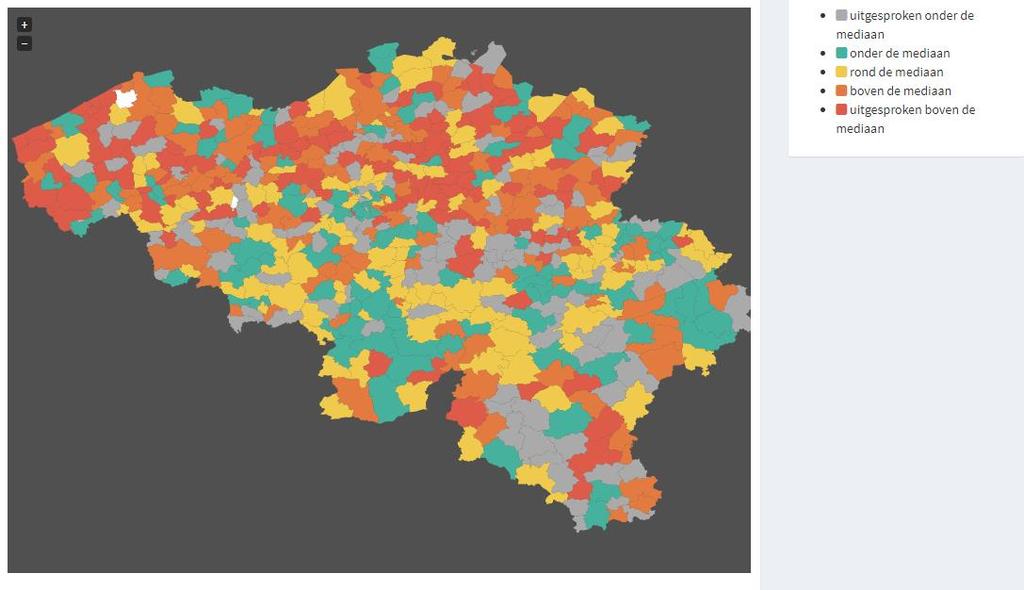 lager dan de mediaan in de Waalse en Brusselse gemeenten dan in de gemeenten die in Vlaanderen zijn gelegen. Verdeling van de gemeenten volgens het groeipercentage van het aantal LL (%) 4.