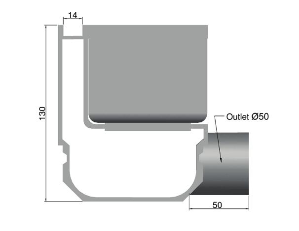 INSPECTIELUIK MET HORIZONTALE AFVOER Inspectieluik met horizontale avoer dia 50 uit geëxtrudeerd aluminium met op de zichtbare zijde doorlopende inloopsleujes van 10x25mm in de lengterichting.