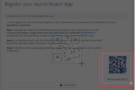 Registratieprocedure voor One-Time Password via Google webbrowser Optie 1 i. Kies voor de optie Scan QR Code ii. Selecteer de QR Code (i.e. streepjescode) door een rechthoek te trekken rond de QR code iii.