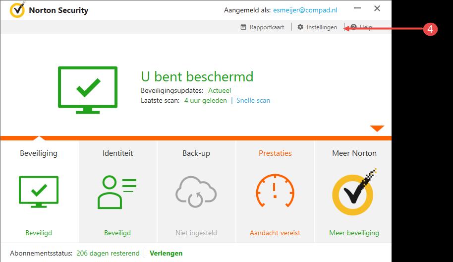 3. Klik op de optie Norton Security op Norton te starten 4. Klik op de optie instellingen 5.
