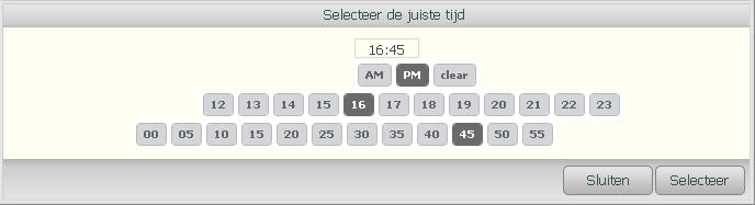 Aanpassen begin- en eind- tijd getoonde logging Voor het selecteren van de tijd wordt bovenstaande scherm getoond. Klik als eerste in het getoonde tijdsveld.