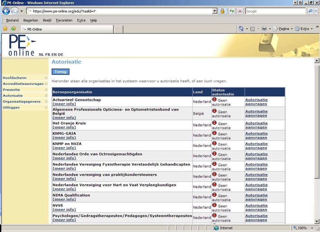 Na het klikken op autorisatie verschijnt een scherm met organisaties waar u autorisaties aan kunt