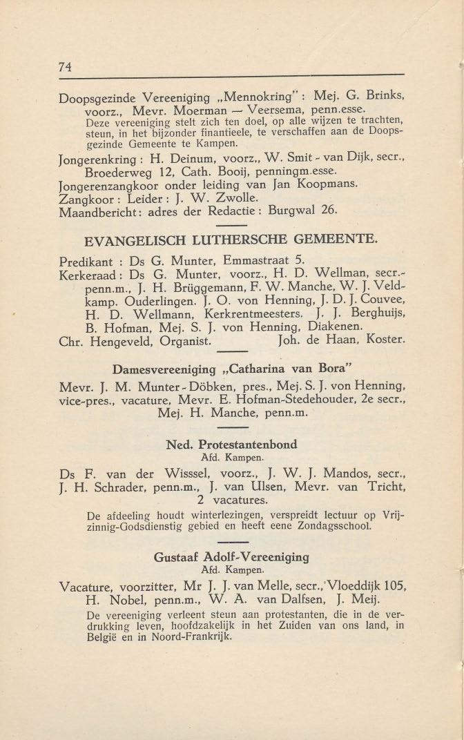 74 Doopsgezinde Vereeniging "Mennokring" ~ Mej. G. Brinks. voorz. Mevr. Moerman - Veersema, penn.esse.