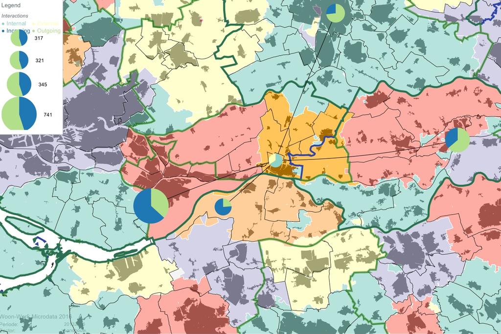 Ook wat betreft de verschillen tussen modelmatig verwachte woon-werk relaties en feitelijke relaties zijn de verschillen op het oog niet groot (zie figuur 5.5b, in vergelijking met figuur 5.3b).