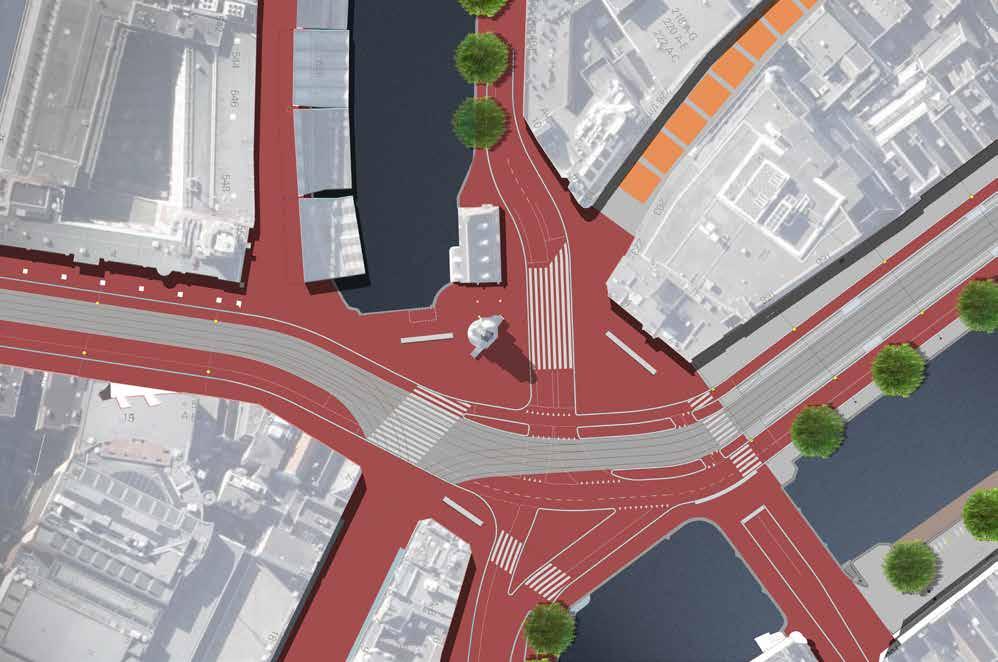 Afbeelding 34. Materialisering variant A in rode klinkers met grijs asfalt tussen de tramrails. 32 Ruimtelijk ontwerp Verkeersvariant A in rode klinkers met grijs asfalt tussen de tramsporen.