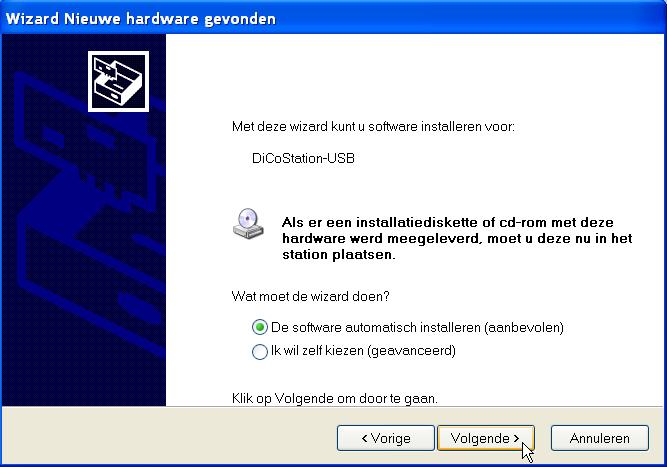 handboek Driverinstallatie als voorbeeld met het besturingssysteem Windows XP: Op het beeldscherm verschijnt nu automatisch het venster Wizard Nieuwe hardware gevonden.
