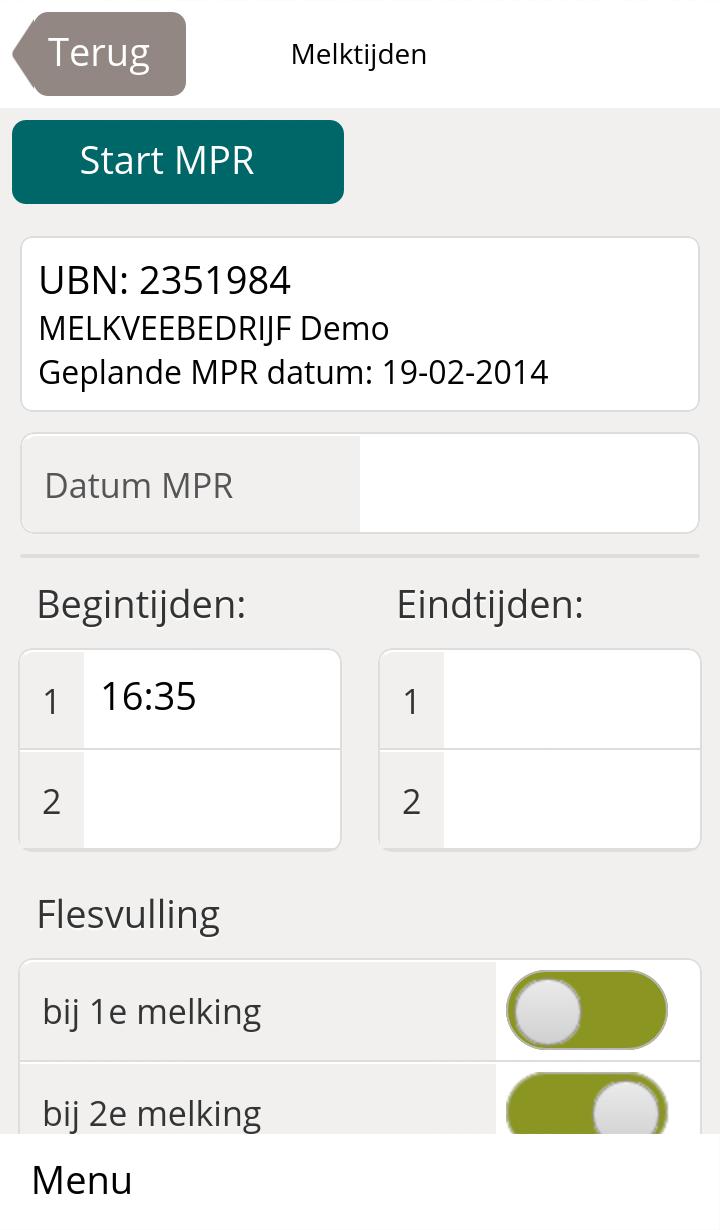- De Datum MPR wordt bij de 2 de melking automatisch door het systeem ingevuld. - De MPR-app programmeert automatisch de begin en eindtijd.