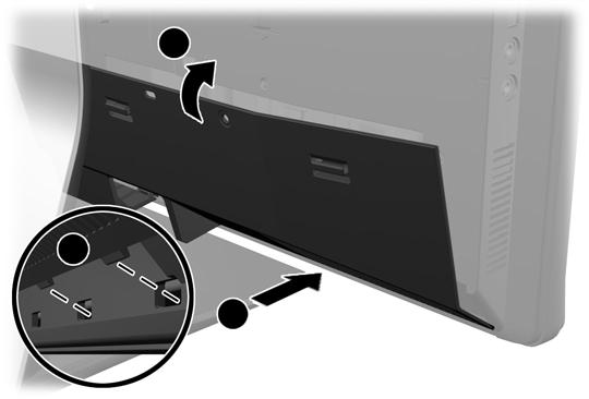 2. Houd de klep dichtbij de computer (1) en lijn de rechterkant van de klep uit met de rechterkant van de computer.