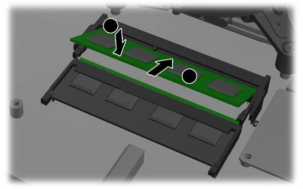 8. Plaats een geheugenmodule door de SODIMM in het voetje te drukken onder een hoek van ongeveer 30 (1) en druk de SODIMM omlaag (2) zodat de grendels hem op zijn plaats houden.