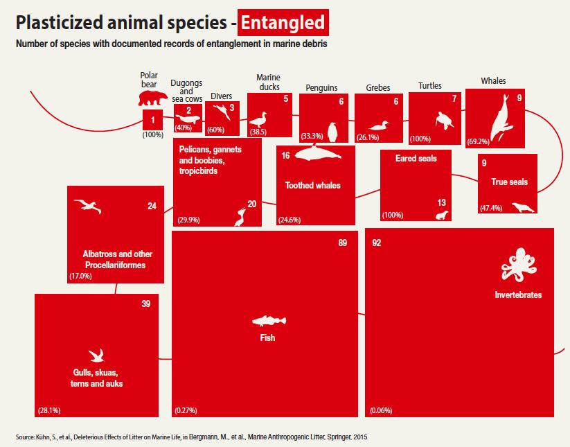 Figuur 5: aantal species waarbij verstrikking in marien zwerfvuil werd vastgesteld Bron: Marine Litter Vital Graphics (UNEP en Grid-Arendal) In Noordwest-Europa wordt al jaren onderzoek gedaan naar