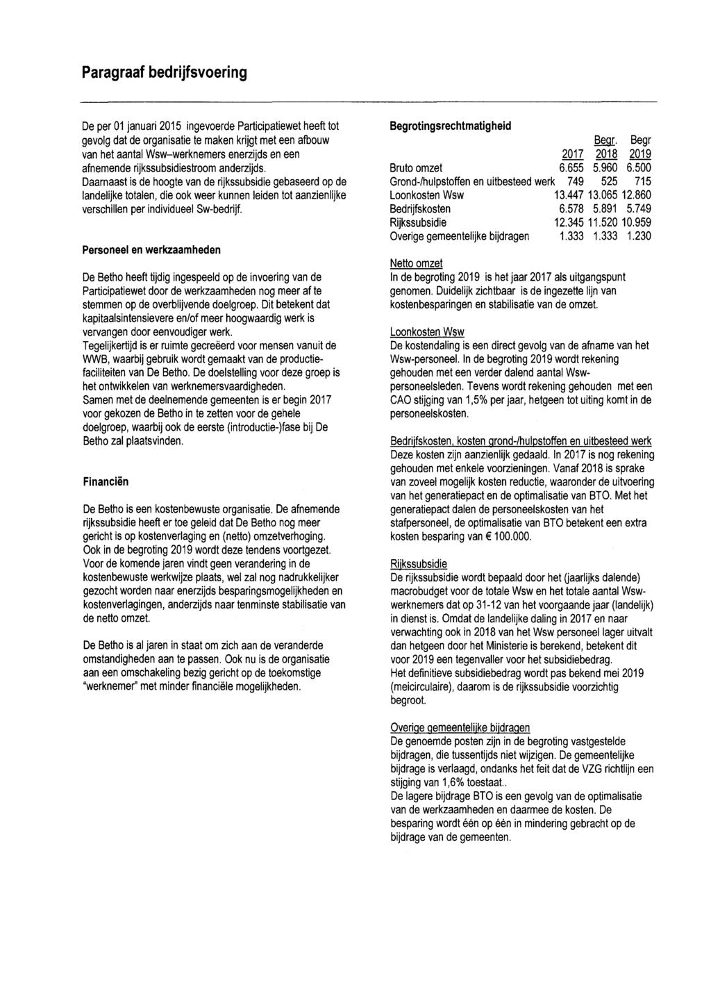 Paragraaf bedrijfsvering De per 01 januari 2015 ingeverde Participatiewet heeft tt gevlg dat de rganisatie te maken krijgt met een afbuw van het aantal Wsw-werknemers enerzijds en een afnemende