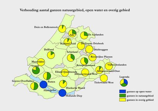 Figuur 3.9 Verhouding totaal aantal ganzen in de drie gebiedscategorieën. De provincie Zuid-Holland is ingedeeld in vier regio s.
