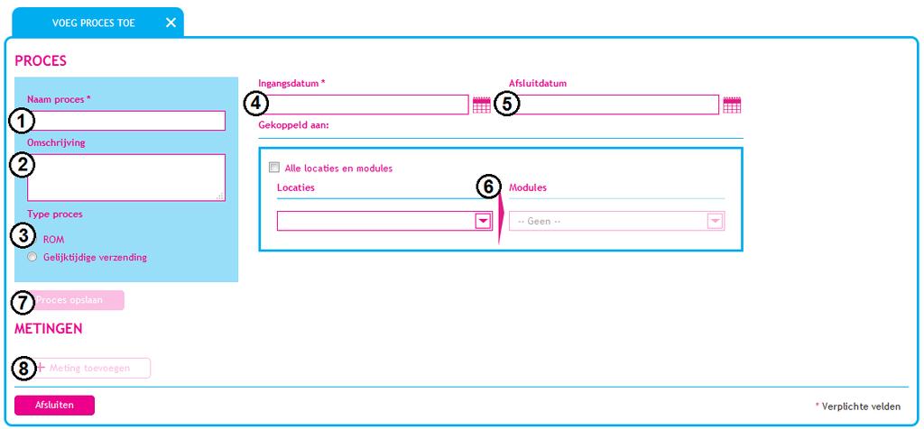 4.1.2 Een proces aanmaken Om een nieuw proces aan te maken klik je op VOEG PROCES TOE rechtsboven het overzicht. Je komt dan in onderstaand scherm.