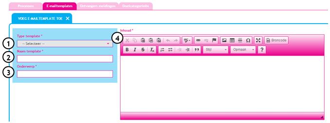 Toelichting Een nieuw e mailtemplate aanmaken 1. Geef bij Type template aan of de e mail een uitnodiging, herinnering, melding* of ccmelding* is. 2.