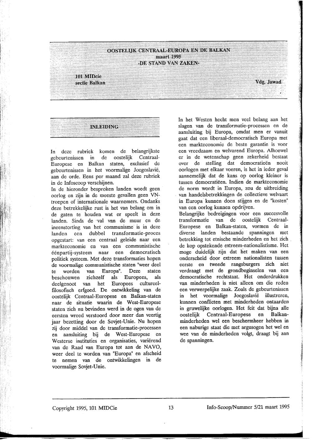 OOSTELIJK CJENTRAALrEUROPA EN DE BALKAN maart 1995-0E STAND VANZAKEN- 101 MIDcie sectie Balkan Wg.