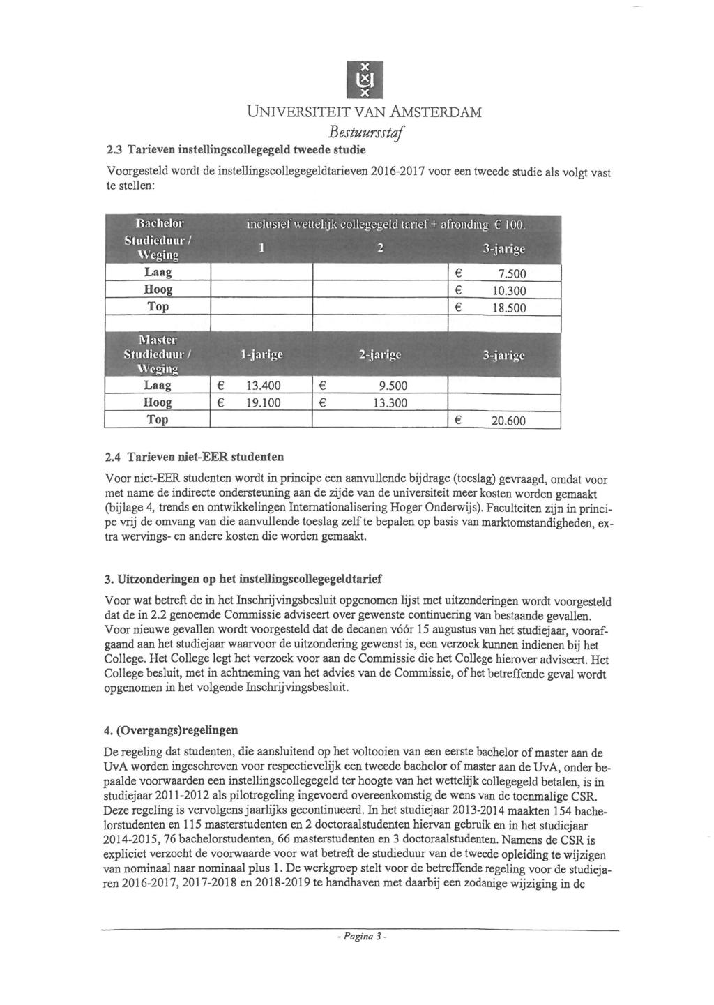 2.3 Tarieven instellingscollegegeld tweede studie Voorgesteld wordt de instellingscollegegeldtarieven 2016-2017 voor een tweede studie als volgt vast te stellen: Bachelor inclusief wet telijk