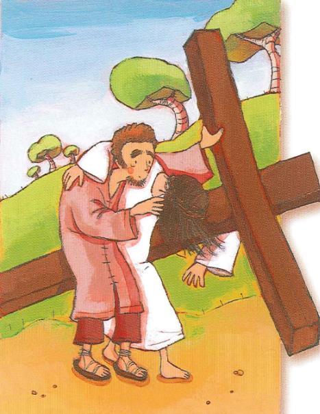 Hij heet Simon. Hij komt van zijn werk op het land, uit het dorp Cyrene. Simon helpt Jezus zijn kruis dragen. Gedeelde pijn is halve pijn.