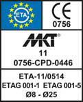 Injectiemortel die universeel toepasaar is voor ongescheurd en gecheurd eton (ETA-/045), vol en hol metselwerk (ETA-3/0909) met draadstangen en etonijzer (ETA-/054 en