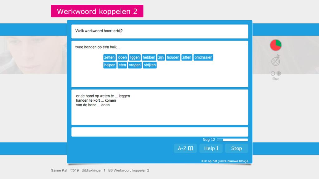 Het gaat er bij de oefening om het juiste werkwoord aan de juiste woordgroep te koppelen. Oefening B3 in de rubriek over oefeningen met hand.