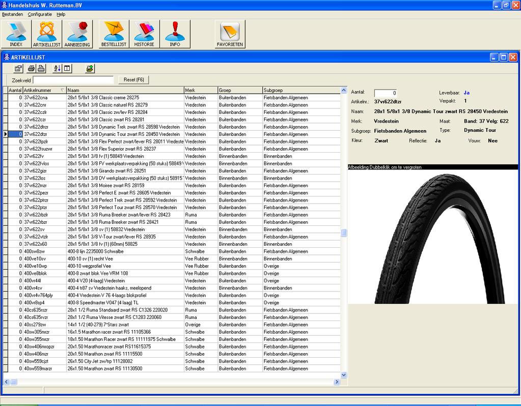 Artikellijst: Automatisch komt u terecht bij de Artikellijst : Hierin ziet u alle aanwezige producten. In de linker lijst ziet u alle artikelen met de daarbij behorende informatie.