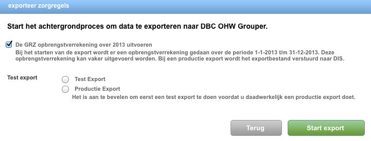 Starten export Bij het starten van de export is er de mogelijkheid de GRZ opbrengstverrekening mee te nemen.
