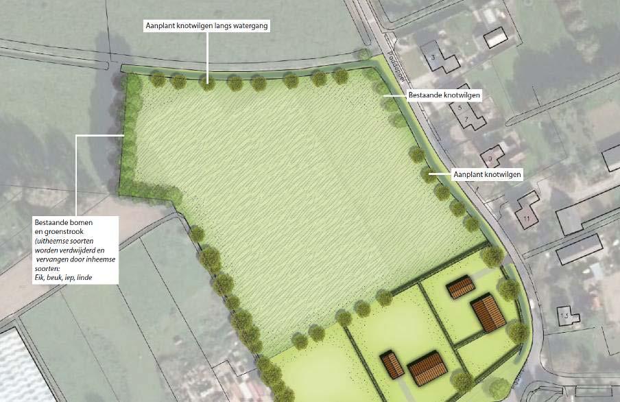 3.8. Landschappelijke versterking agrarisch perceel Het noordelijke gedeelte van onderhavig perceel wordt aangewend om de lokale landschappelijke karakteristieken te versterken.