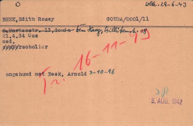 De Joodse Raadkaart van Edith Rosey Beek. Rechtsboven staat dat zij op juni in het doorgangskamp Westerbork werd geregistreerd. Op november werd zij naar Auschwitz gedeporteerd.
