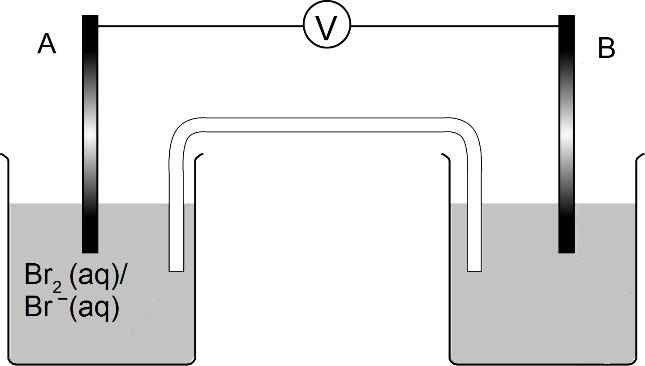 Opgave 2 Cel met broom en kaliumbromide Het linker bekerglas van de onderstaande opstelling is gevuld met een oplossing van broom en kaliumbromide en het rechterbekerglas met water.