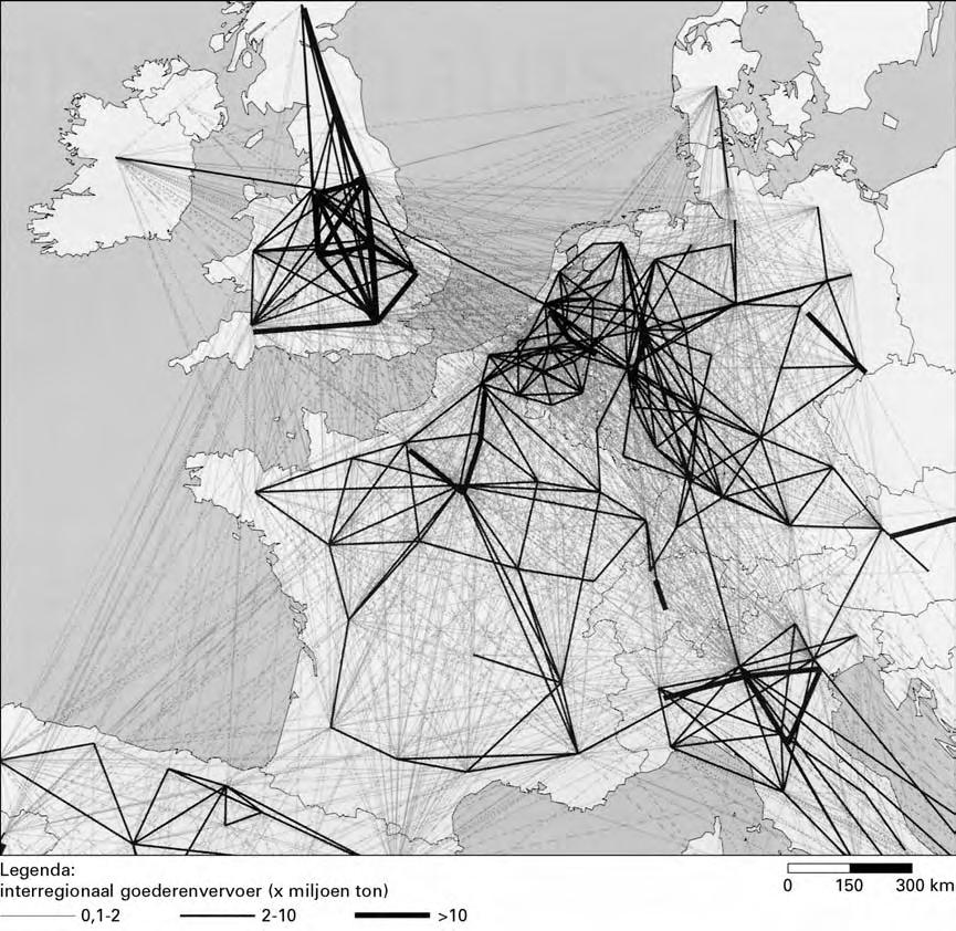 Opgave 5 bron 12 De intensiteit van goederenvervoer tussen een aantal EU-regio s bron: Spatial patterns of transportation, Atlas of Freight Transport in Europe, Den Haag, 1998 Zoals in de titel van