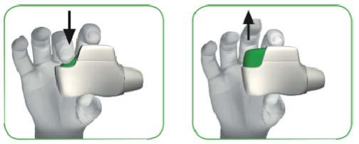 Voordat u de inhalator naar uw mond brengt, de groene knop helemaal indrukken (zie afbeelding 3) en daarna LOSLATEN (zie afbeelding 4).
