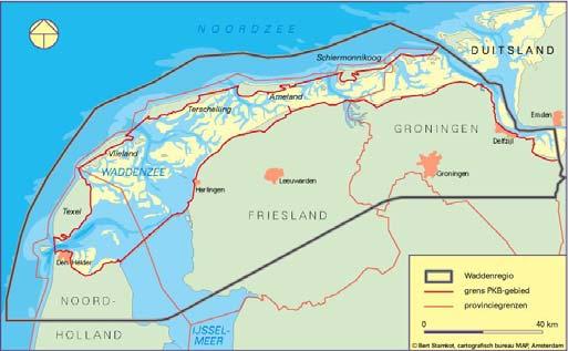 figuur 3: het waddengebied Het waddengebied gebruiken we om het gebied aan te duiden dat de Nederlandse Waddenzee omvat, de eilanden inclusief Noordzeekust tot aan de 15m dieptelijn, en die gemeenten