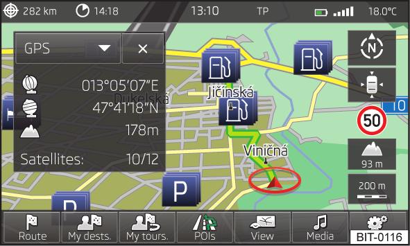 Verkeersteken / Verkeer Afbeelding 36 Splitscreen: Verkeerstekens GPS Afbeelding 37 Splitscreen: GPS In het splitscreen GPS wordt informatie over de momentele geografische wagenpositie weergegeven.