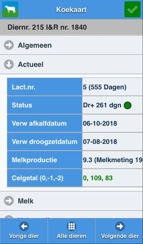 Via de knop Alle dieren onderaan kiest u snel een ander dier. Via de knop Koekaart onderin kunt u van hetzelfde dier de andere info opvragen.