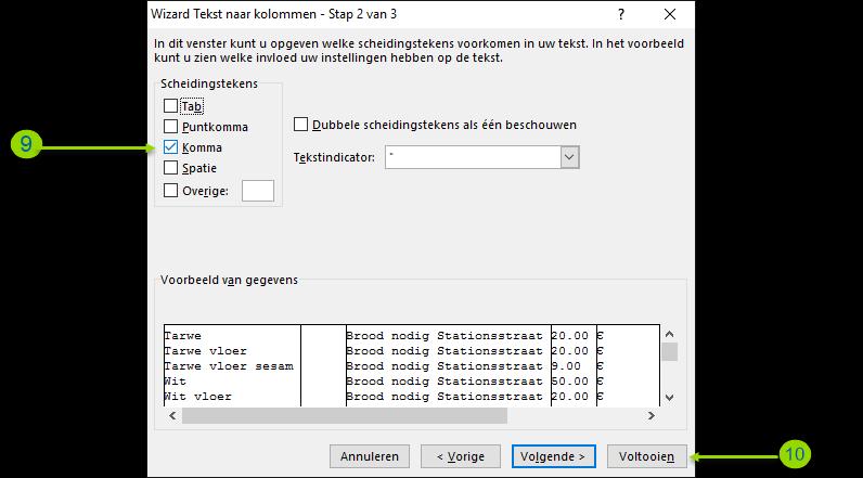 9. In bij de optie alle scheidingstekst uit behalve het