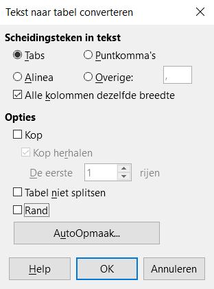 Afbeelding 3: Dialoogvenster voor de conversie van tekst naar tabel Het gedeelte Scheidingsteken in tekst van het dialoogvenster heeft vier opties voor het teken dat de kolommen scheidt.